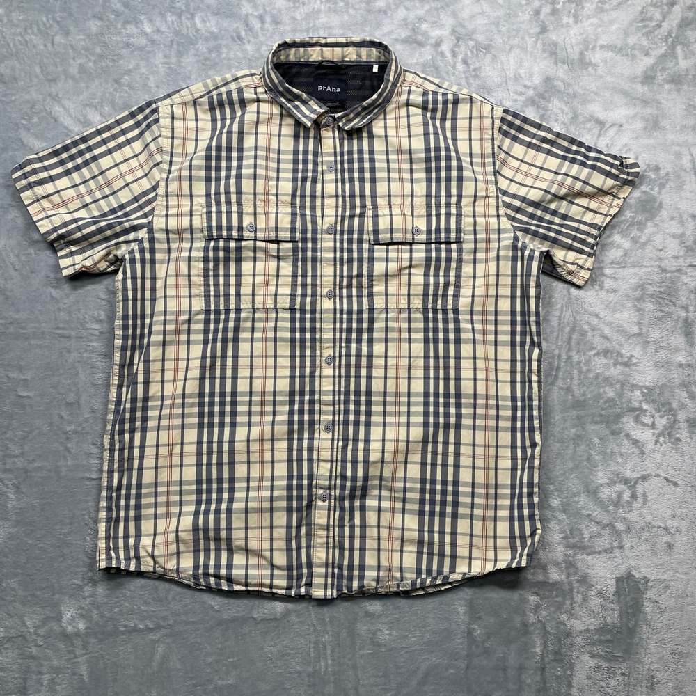 prAna Plaid‎ Button Uo Shirt Mens XL Tan Blue Short Sleeve Ventilated Hiking